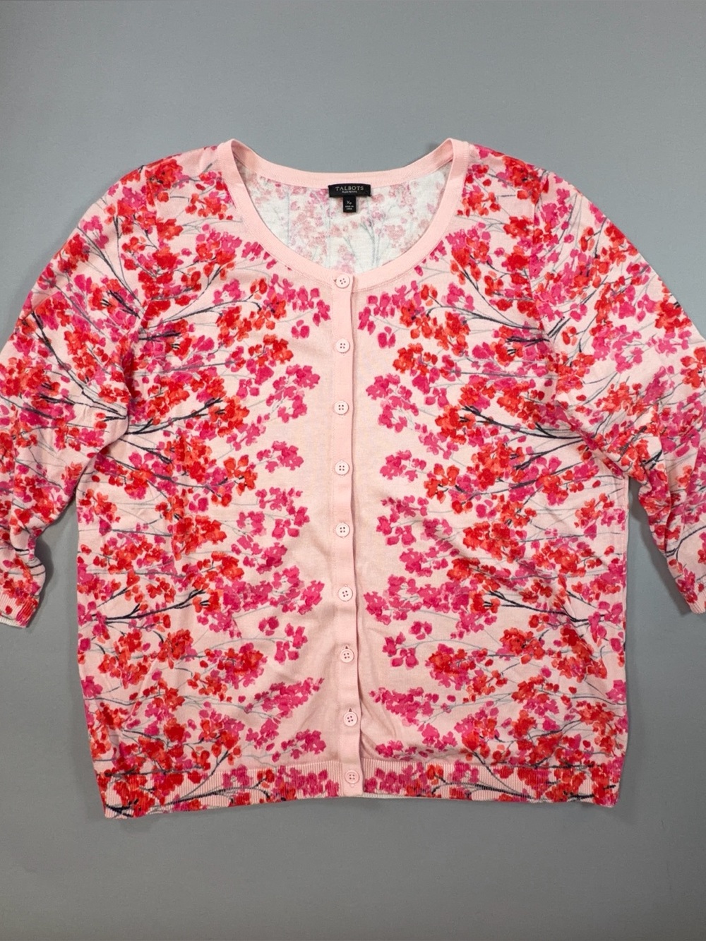 Talbots Charming Cardigan Floral Print Plus Petite Pink Cotton Rayon 3/4 Sleeve
